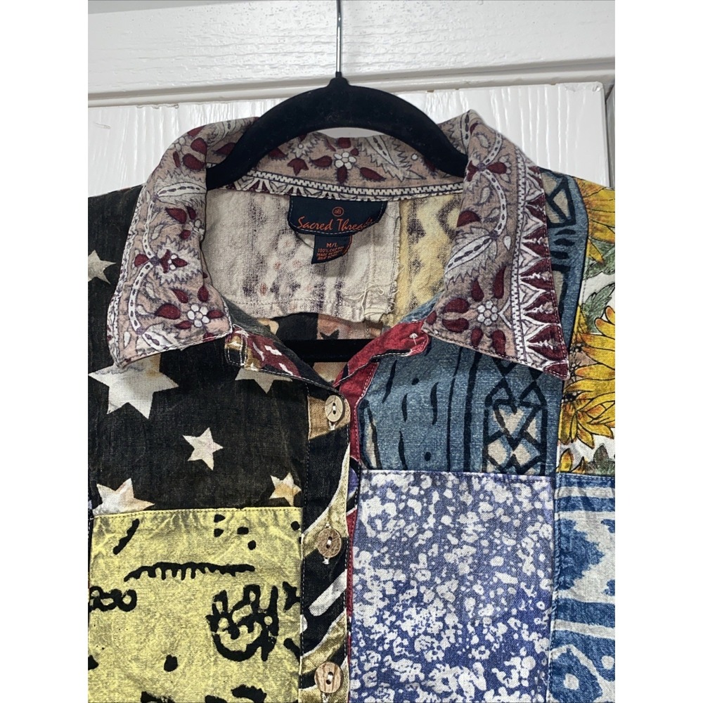 Sacred Threads Patchwork Cotton Jacket Boho Artto Wear M/L Made in India  Artsy - Picture 4 of 11